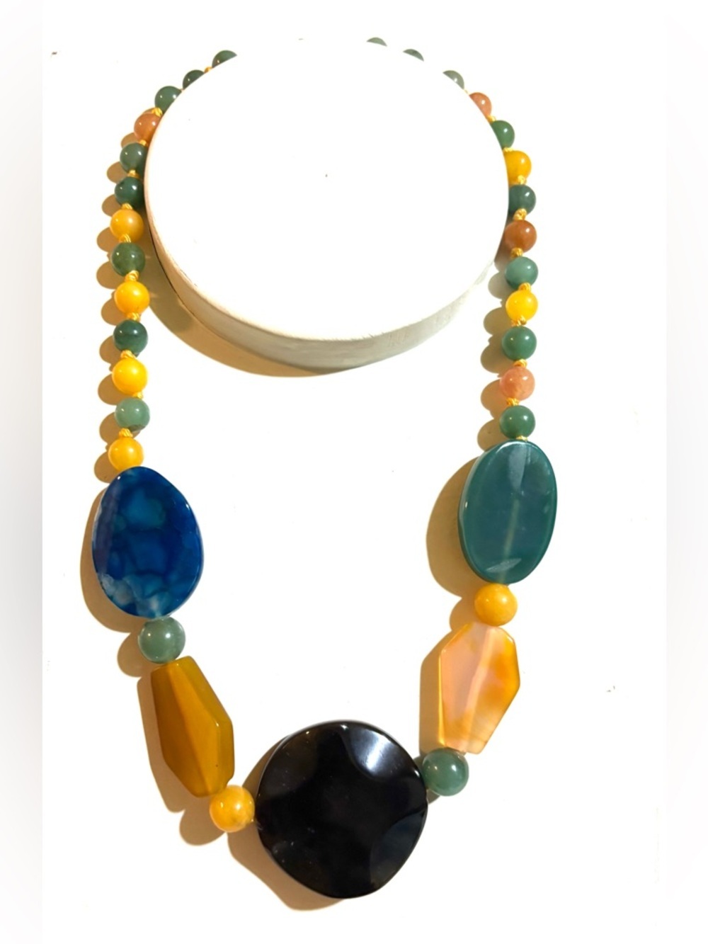 Multicolor Agate & Resin Bead Necklace — Yellow, Blue, Green